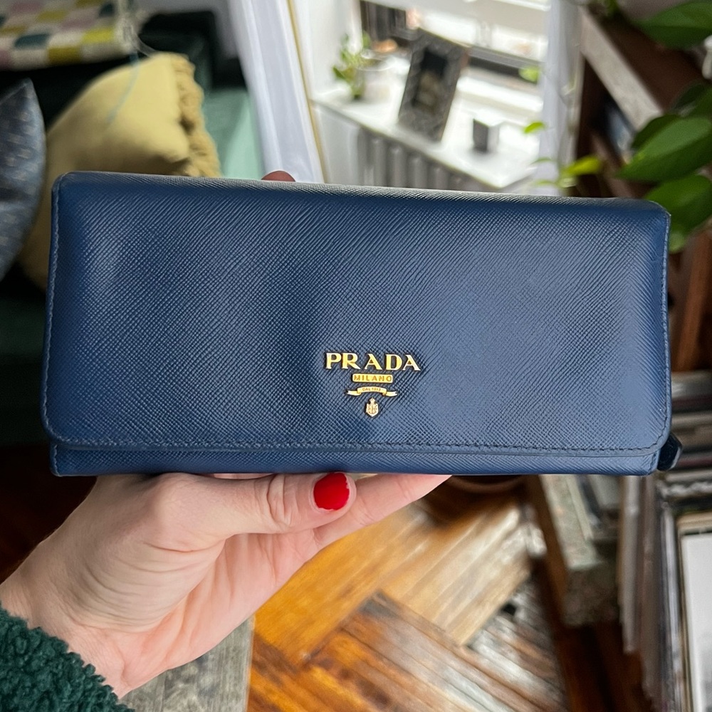 Authentic Prada Continental Wallet with Removable Card Sleeve - Navy Blue
